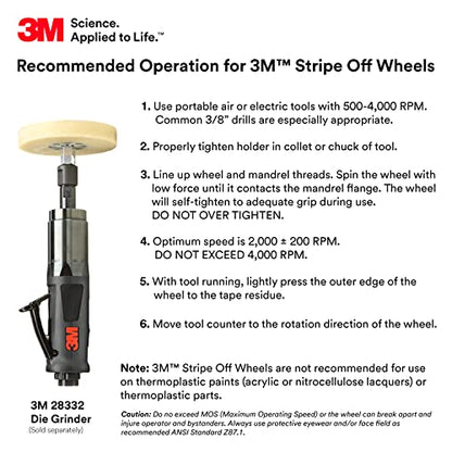 3M Stripe Off Wheel Adhesive Remover Eraser Wheel Removes Decals, Stripes, Vinyl, Tapes and Graphics 4” diameter x 5/8” thick 3/8-16 threaded mandrel 07498 Pack of 1