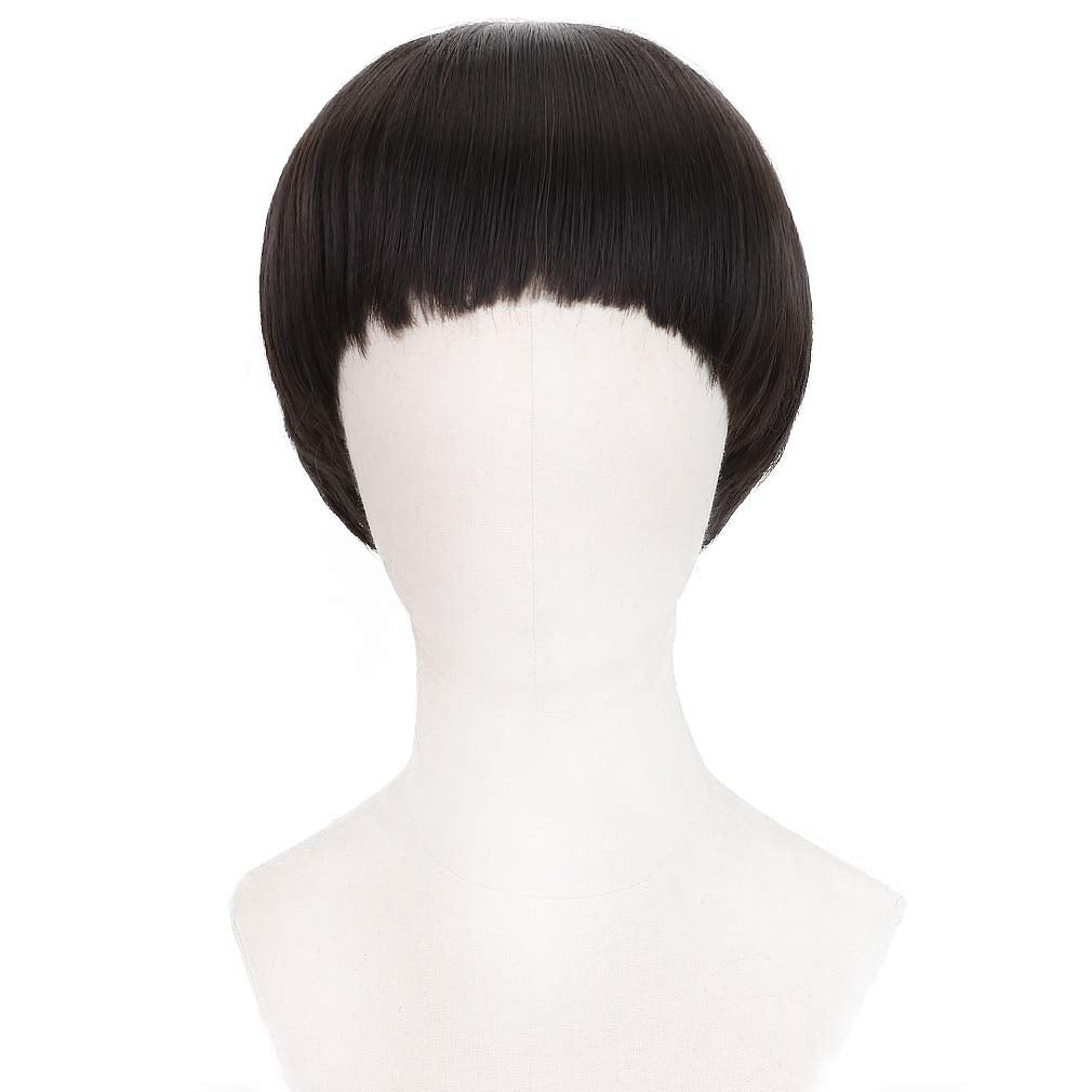 PARTY ZONE Short Black Luffy Cosplay Wig-80s Outfit For Men Synthetic Bowl Cut Mushroom Hair Anime Wigs Old Man Movie Party Halloween Vector Costume Wig (Black)