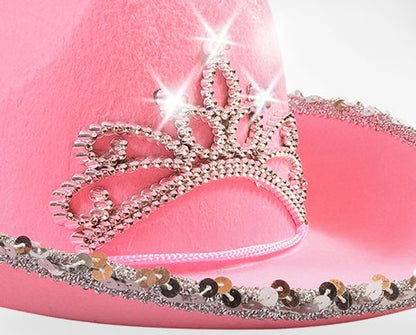 Funny Party Hats - Pink Cowgirl Hat With Blinking Tiara - Childrens Party Hat - Girls Cowboy Hat - Rodeo Princess - Texas Rancher Style - Halloween & Birthday Fun