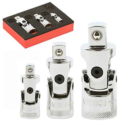 ARES 37000-3-Piece Spring Loaded Universal Joint Set ? Spring Loaded Tension Keeps U-Joint In Position at Odd Angles - 1/4-Inch, 3/8-Inch, and 1/2-Inch Drive