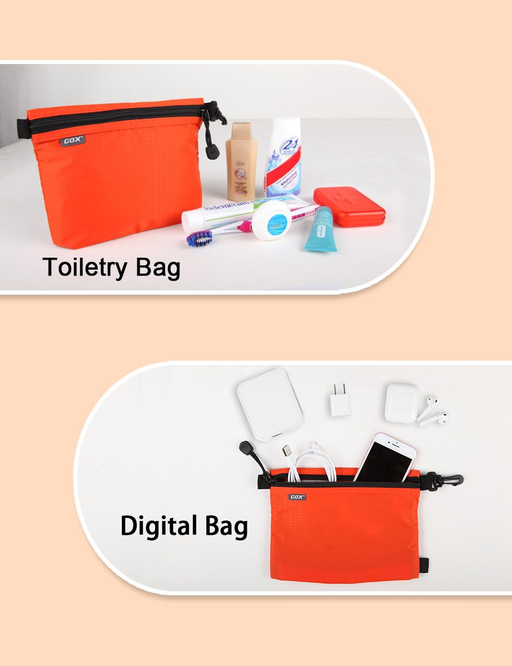 GOX Travel Toiletry Bag Carry On Zipper Pouch Cosmetic Kit Makeup Digital Bag Water Resistant Nylon (Orange)