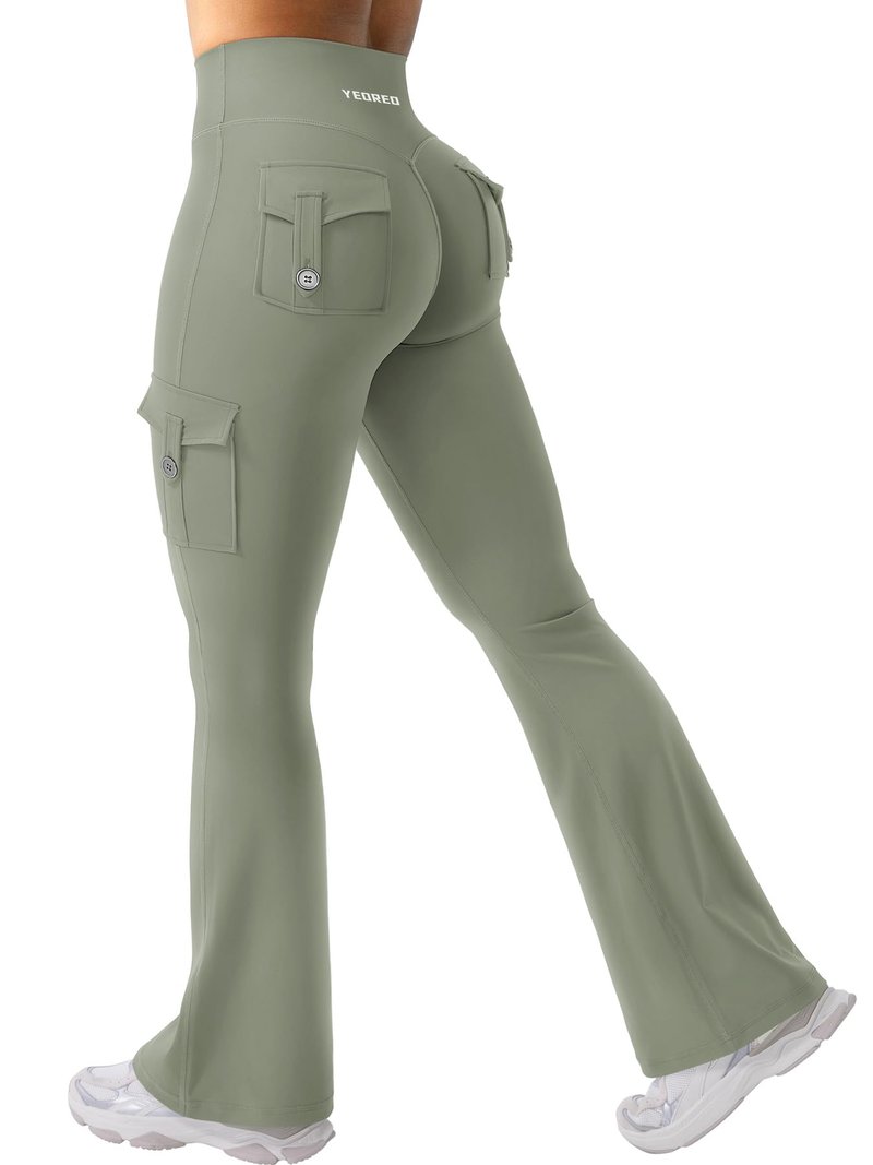 YEOREO CoreFlex Women Workout Flare Leggings with Pockets Hidden Scrunch High Waisted Cargo Gym Yoga No Front Seam Leggings Light Army Green S