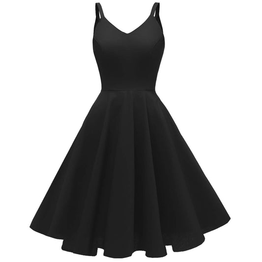 GOOBGS Women's 1950s Retro Vintage Spaghetti Strap Cocktail Swing Dresses with Pockets Black M