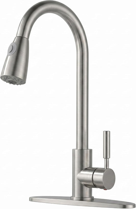 Comllen Kitchen Faucet with Pull Down Sprayer, Modern Brushed Nickel Faucets for Kitchen Sink, Stainless Steel Single Handle Pull Out Kitchen Sink Faucet with Deck Plate