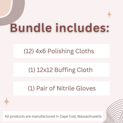 Cape Cod Economy Tin Metal Polish-8828, (6) 4 x 6, (1) 12 x 12 polishing Cloth Pair of Nitrile Gloves