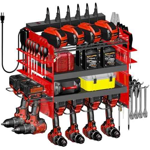 Homecor Power Tool Organizer Wall Mount with Charging Station, 4-Layer Drill Holder Heavy Duty Metal Storage Rack for Garage Organization Drill Storage Shelf, Fathers Day Dad Gifts for Dad Husband