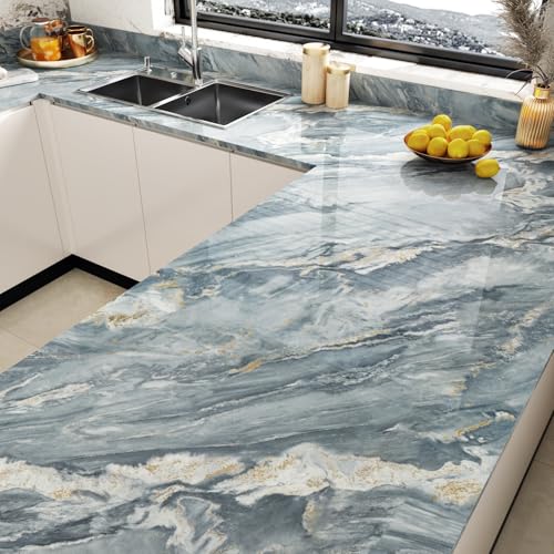 Blue Marble Countertop Contact Paper Peel and Stick Blue Marble Wallpaper for Bathroom Walls Removable Glossy Granite Contact Paper for Cabinet Table Couneter Top Vinyl Wrap 15.7¡¿78.7''