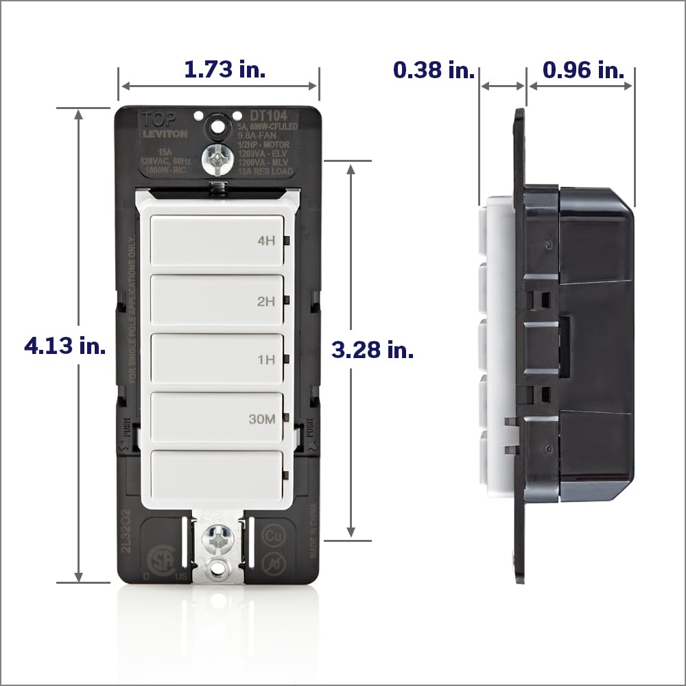 Leviton Countdown Timer Switch for bathroom fan and household lights, 5-10-15-30 min, No Neutral Required, Single Pole, 15A, 1/2 HP/9.8A Fan/Motor, DT130-1LW, White