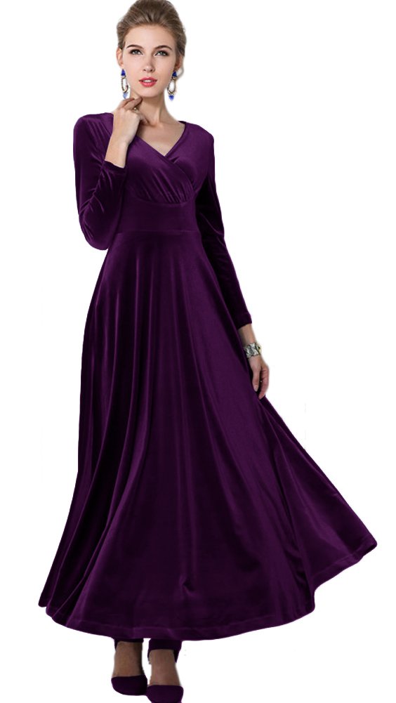 Urban CoCo Women Long Sleeve V-Neck Velvet Stretchy Long Dress (as1, Alpha, l, Regular, Regular, Purple)