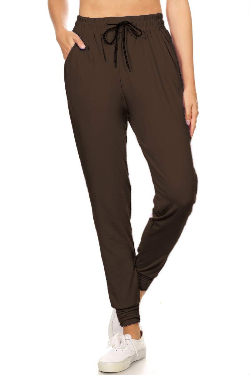 Leggings Depot Womens Relaxed fit Jogger Pants - Track Cuff Sweatpants with Pockets, Brown, Large