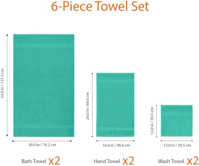 Amazon Basics 6-Piece Oversized Fade-Resistant Towel Set, 100% Cotton, Highly