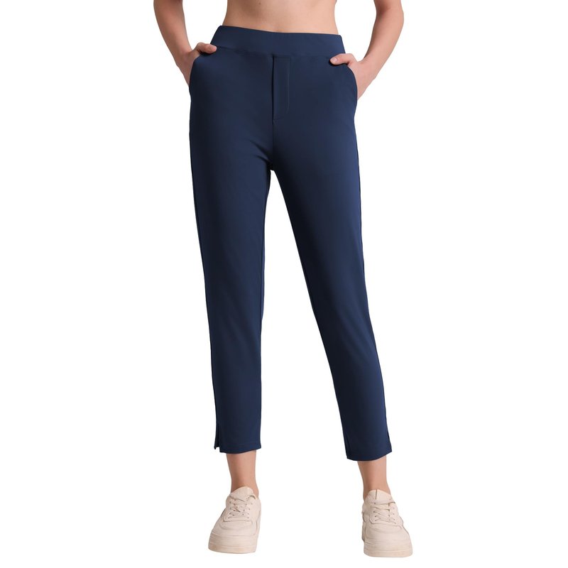 QBK Women's Petite Ankle Pants - 25"/27" Stretchy Business Casual Slacks, Pull On Work Dress Pants with Pockets for Travel, Golf & Yoga(Navy,M,25" Inseam)