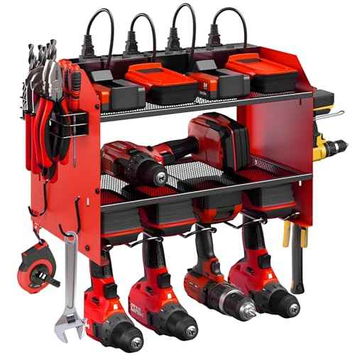 Power Tool Organizer wtih Charging Station£¬3 Layers Storage Rack with Screwdriver Rack 6 Drill Holders 8 Outlets Max Load 110lbs£¬for Workshop Garage Organizers and Storage Tool Battery Holder (Red)