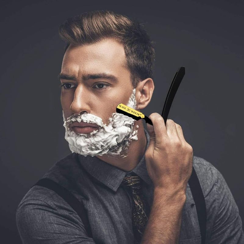 Black Widow Razor, Professional Straight Razor for Men, Safety with 10 Pack Blades (1.5mm Exposure) (Gold)