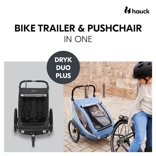 hauck Dryk Duo Plus, Black - 2in1 Kids Bike Trailer & Pushchair with Suspension 2 Seats Folding Bicycle Trailer with XL Storage, Tow Bar, Hitch, Pennant, Stroller Wheel & LED Rear Light