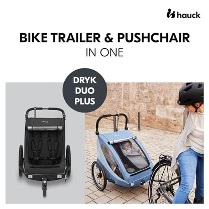 hauck Dryk Duo Plus, Black - 2in1 Kids Bike Trailer & Pushchair with Suspension 2 Seats Folding Bicycle Trailer with XL Storage, Tow Bar, Hitch, Pennant, Stroller Wheel & LED Rear Light