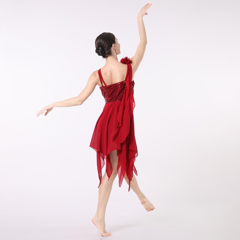 IBAKOM Lyrical Dance Dress for Women One Shoulder Flower Strap Shiny Sequins Contemporary Dance Costume Asymmetrical Chiffon Skirt Ballerina Salsa Ballroom Flowy Dresses Red Strap L