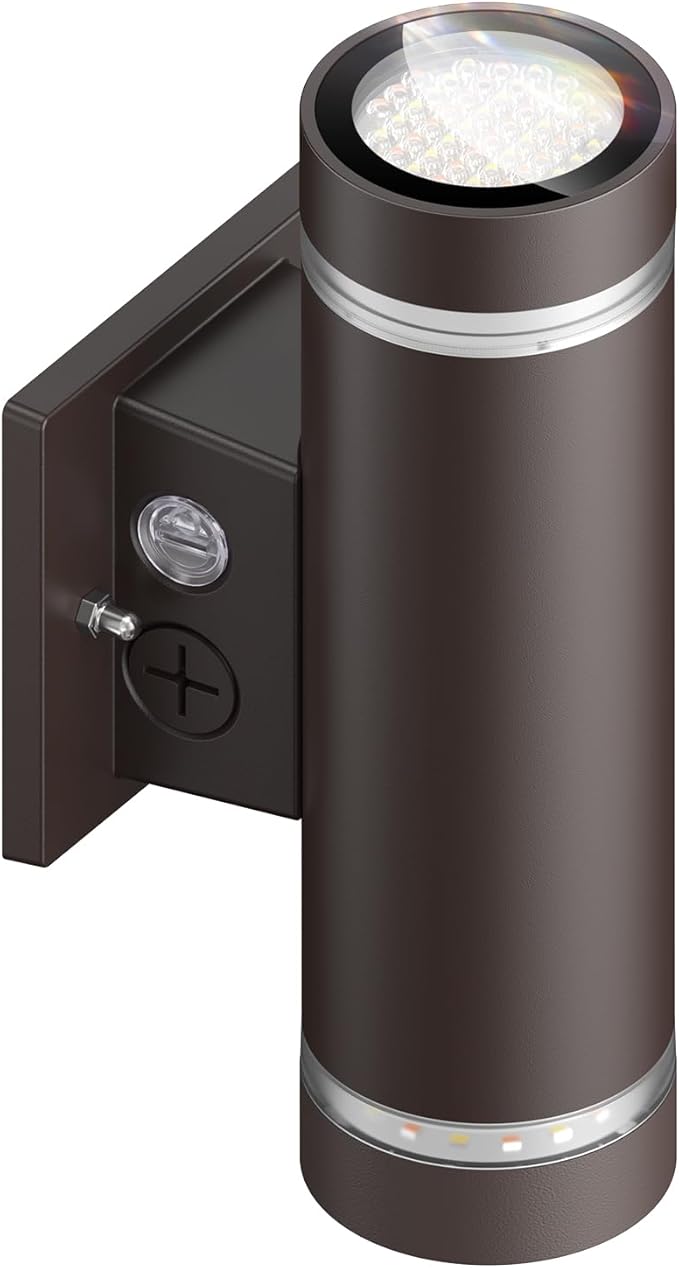 dephen Outdoor Up Down Wall Light, Dusk to Dawn LED Exterior Sconces Light 3000K/4000K/5000K /10W/20W/30W Adjustable, Brown Aluminum Modern Cylinder Porch Lights (UL-Listed)