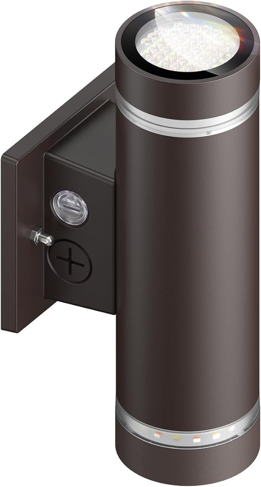 dephen Outdoor Up Down Wall Light, Dusk to Dawn LED Exterior Sconces Light 3000K/4000K/5000K /10W/20W/30W Adjustable, Brown Aluminum Modern Cylinder Porch Lights (UL-Listed)