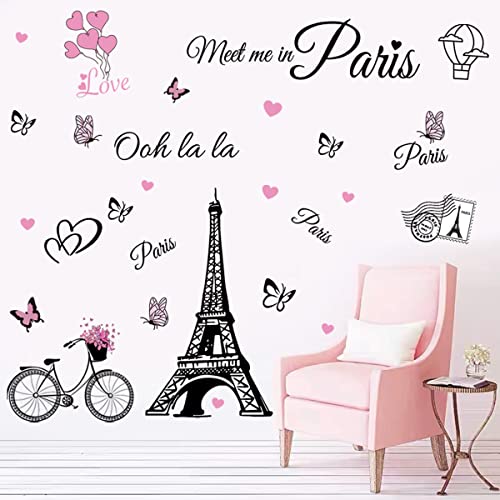 Paris Wall Stickers Eiffel Tower Vinyl Decals Removable Self-Adhesive Balloon Stickers Wall Decal for Girls Bedroom Living Room Sofa Backdrop TV Background