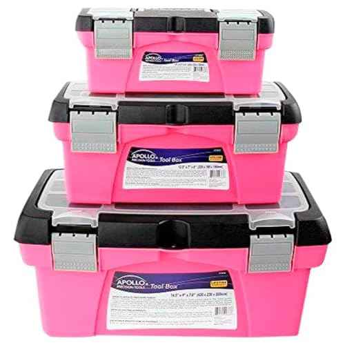 Apollo Tools Set of 3 Pink Stackable Tool Boxes with Top Compartment and Removable Trays for Crafts, Tool Storage - Pink Ribbon - DT5005P