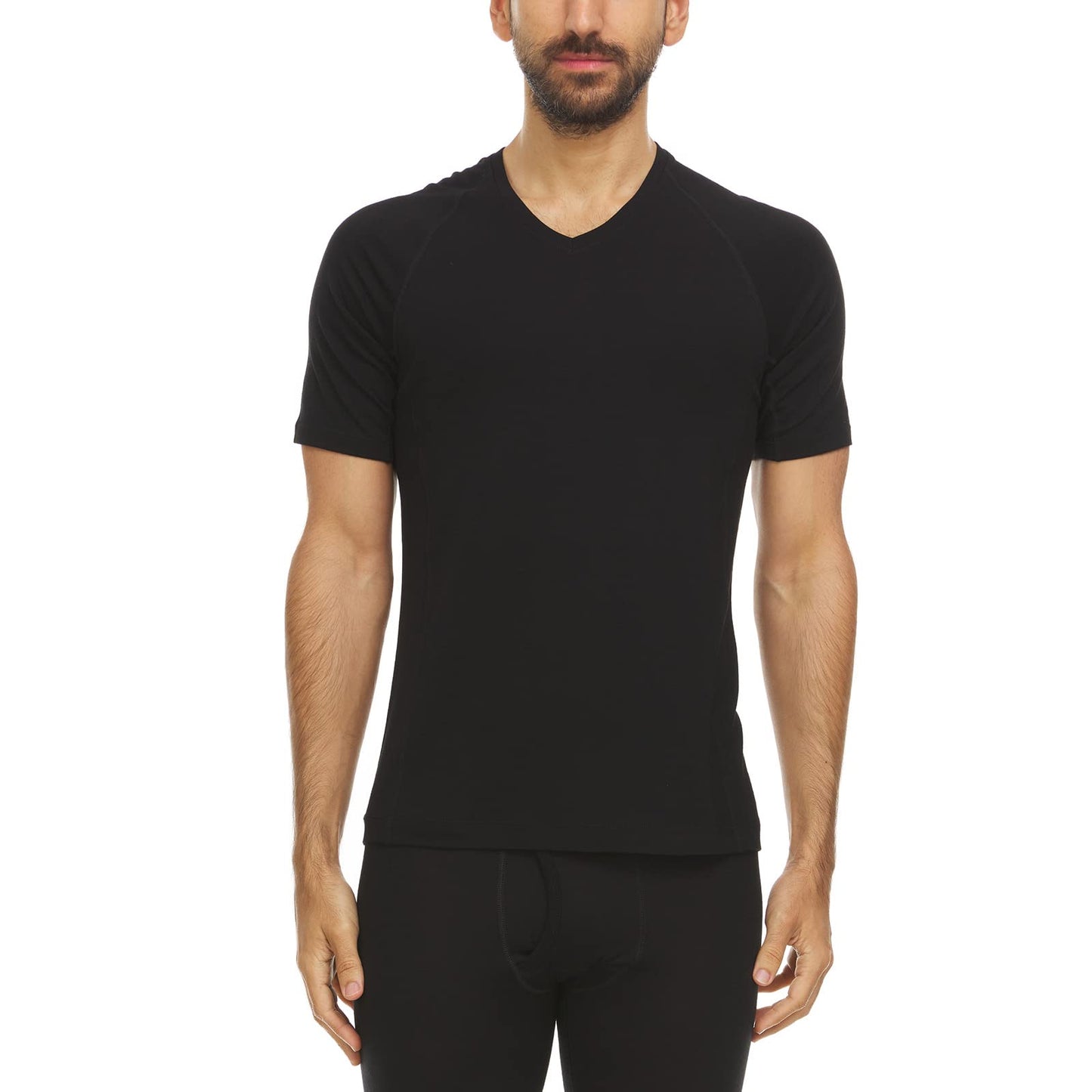 Merino Wool Woolverino Men’s Micro V-Neck T-Shirt - Moisture Wicking - Black - Medium