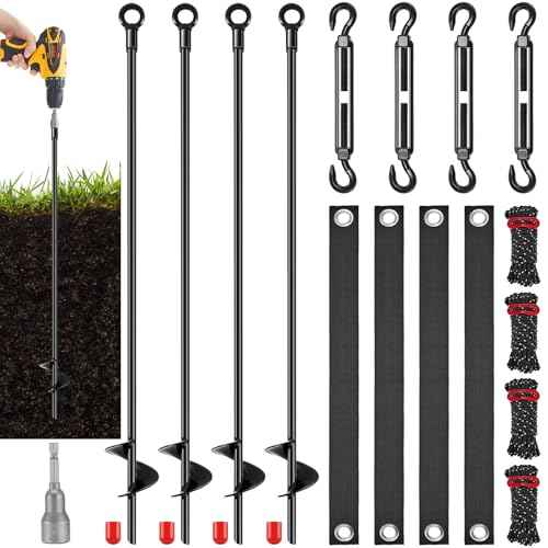 Silkfly 4 Set 30 Inch Earth Anchors Shed Swing Set Spiral Heavy Duty Ground Trampoline Stakes Camping Mobile Home Carport Tree Tent Anchors with Adapter M8 Turnbuckle Hook Straps for Staking and Rope