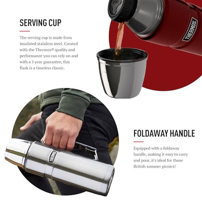 Thermos - Stainless King Red Travel Flask (1.2L) - Premium Leak Proof Insulated Tea & Coffee Flask for Hot & Cold Drinks, Built-in Cup, Twist-Pour Stopper, BPA-Free, Durable Steel