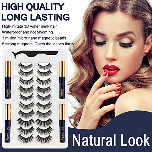 3D Magnetic Eyelashes Natural Look with Eyeliner Kit - 7C SEVENCROWN Magnetic Lashes - Upgraded 4 tubes of Liner - 10 Pairs Reusable False Eyelash Kit with Applicator Easy to Apply.