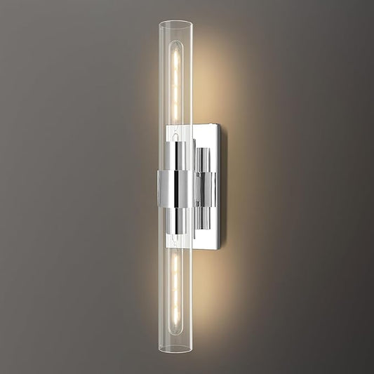 Chrome Wall Sconces, 22.8" Bathroom Sconces, Indoor Sconces Wall Lighting Up and Down, Nickel Wall Sconce Dimmable, Vanity Lights Fixtures with Tube, Glass Sconce for Bedroom, Staircase