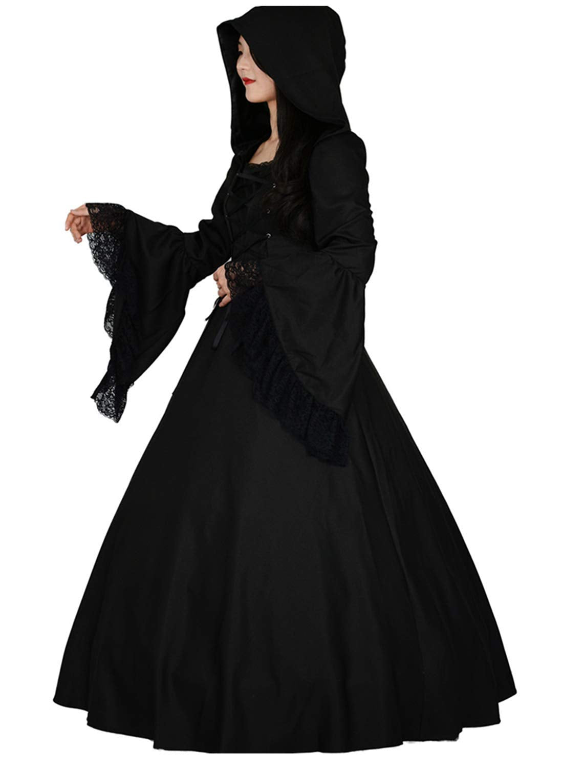 Jeufoin Women's Gothic Victorian Witch Vampire Dress Medieval Renaissance Halloween Cosplay Hooded Costume (xxx-large, black)