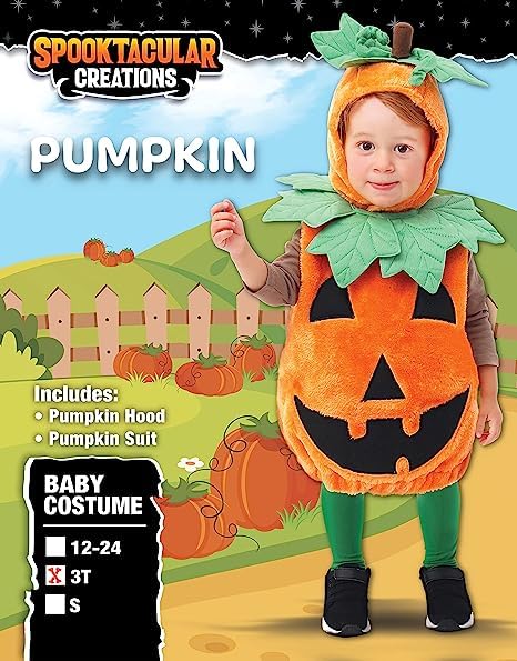 Spooktacular Creations Deluxe Pumpkin Costume with Plush Green leaves for Toddler, Kids Halloween Dress Up, Pumpkin Themed Party (3T)