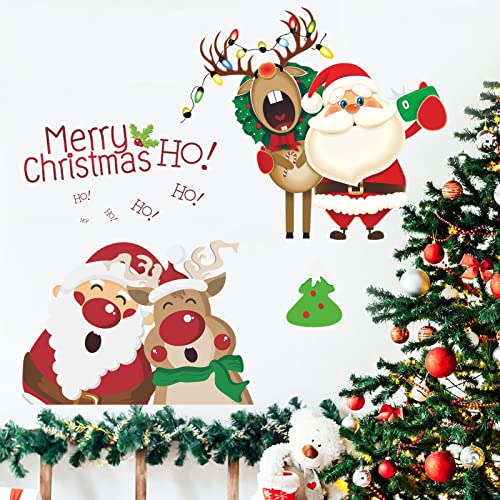 Santa Claus Wall Decals Merry Christmas Stickers Decorations, Lovely Santa Claus Reindeer Decor Posters Removable Vinyl Art Murals Xmas Party Supplies