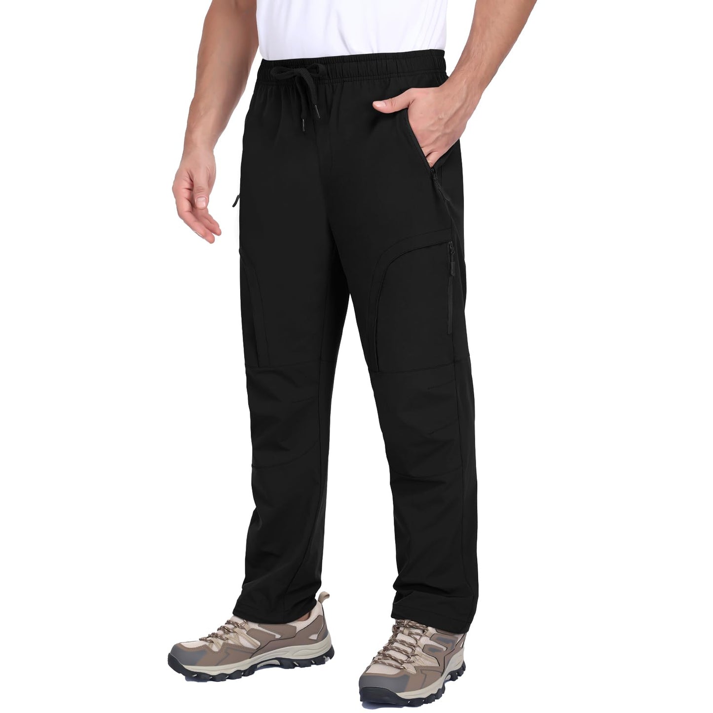 Qngwrtk Men's Lightweight Hiking Pants 5-Pocket Elastic Waist Breathable Water-Resistant Quick Dry Outdoor Pants for Running Travel Camping Black