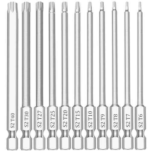 11 Piece Security Torx Bit Set (T6-T40), 1/4 Inch Hex Shank S2 Steel Magnetic Tamper Proof star screwdriver bit set 4" Long