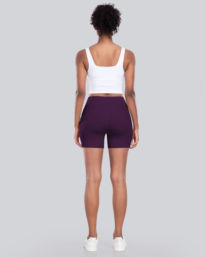 Womens Biker Yoga Shorts with Pocket, High Waisted Tummy Control 5 Inch Workout Spandex Athletic Gym Shorts(5” Purple,L)