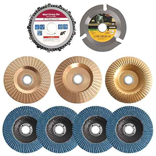 9PCS Angle Grinder Wood Carving Disc Set,Including 3 Wood Shaping Grinding Disc, Speedcutter, Wood Carving Chain Disc and 4 Sanding Wheels for 4" Or 4 1/2" Angle Grinder
