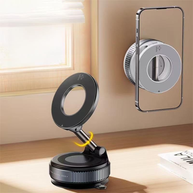360° Foldable Vacuum Magnetic Phone Holder, Magnetic Car Phone Mount, Hands-Free Suction Cup Phone Holder for Smooth Surface/Car/Gym/Mirror/Tile-Black