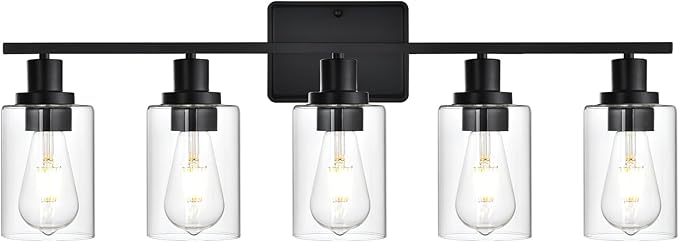 Bathroom Vanity Light Fixtures,5-Light Black Wall Lights for Living Room,Bathroom Light Fixtures Over Mirror,Wall Lamps for Bedroom with Clear Glass Shade for Hallway,Kitchen,Cabinet