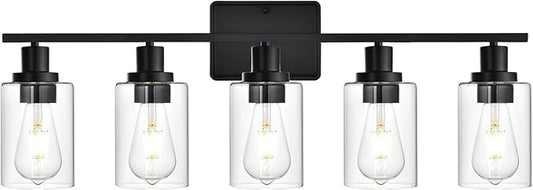 Bathroom Vanity Light Fixtures,5-Light Black Wall Lights for Living Room,Bathroom Light Fixtures Over Mirror,Wall Lamps for Bedroom with Clear Glass Shade for Hallway,Kitchen,Cabinet