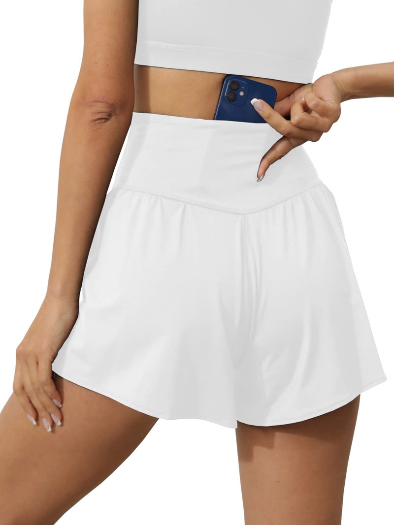 Tongmingyun Women Crossover Shorts Flowy Athletic Butterfly 2 in 1 Shorts with Pocket High Waist Running Workout Skorts White