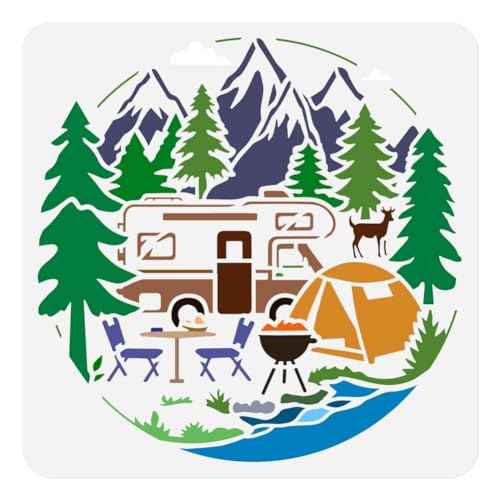 Camping Stencil for Painting, 11.8"x11.8"Reusable RV Mountain Tree Stencil Drawing Template, Outdoor Picnic DIY Craft Paint Template for Wall Home Decor Wood Burning Card Journal Canvas