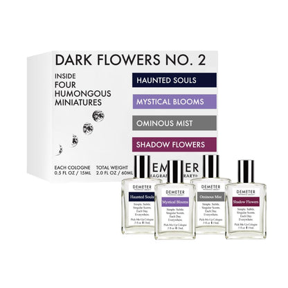 DEMETER Dark Flowers No. 2 Humongous Miniature Set of 4 Colognes, Haunted Souls - Mystical Blooms - Shadow Flowers - Ominous Mist, Perfumes for Women, 0.5 Oz Each