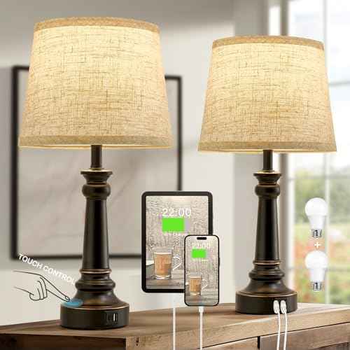 Touch Lamps for Nightstand Set of 2 - Black Table Lamp for Bedroom 3 Way Dimmable Bedside Lamp with USB C+A Ports - Lamps for Night Stands Living Room End Table,2 LED Bulbs Included