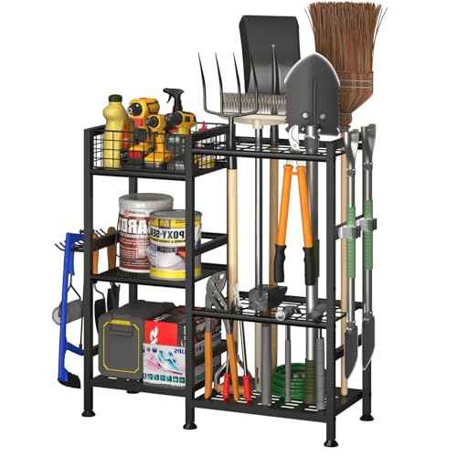 keomaisyto Garden Tool Organizer With Basket - 3 Tier Yard Storage Rack for Garage Organization, Heavy Duty Holder With 35 Long-Handled Slots for Shed, Yard, Garage