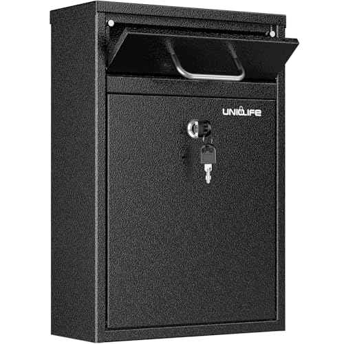 Uniclife Wall Mount Mailbox for Outside, Heavy Duty Locking Mailboxes, Large Mailbox with Key Lock, Security Mail Box, Safe Key Drop Box, Post Box, Steel Cash Drop Box for Home Office School, Black