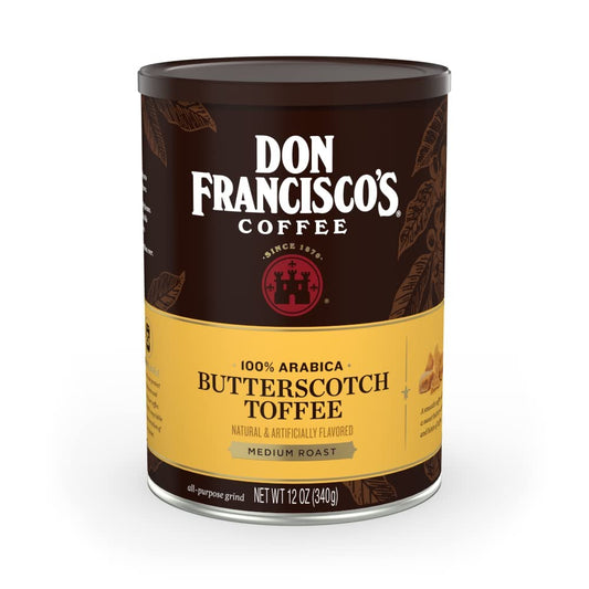 Don Francisco's Butterscotch Toffee Ground Flavored Coffee: Rich 100% Arabica Beans with Sweet Buttery Aroma - Family-Crafted for Delightful Mornings (12 oz Can)