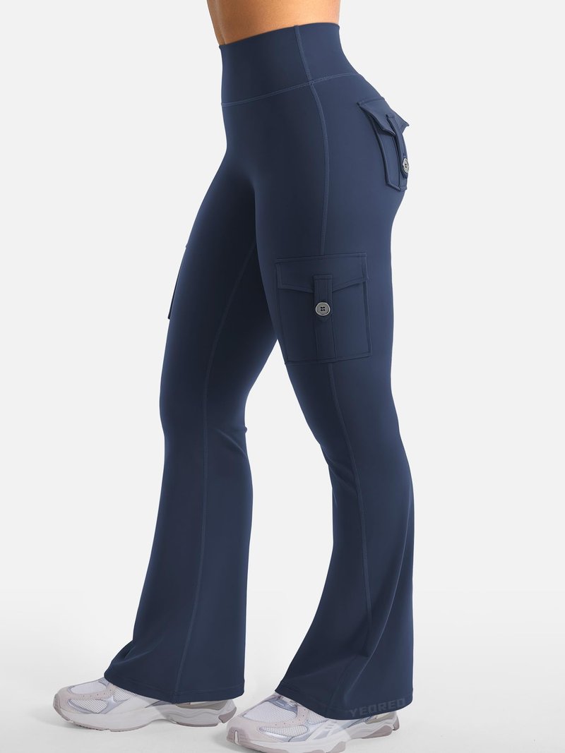 YEOREO CoreFlex Women Workout Flare Leggings with Pockets Hidden Scrunch High Waisted Cargo Gym Yoga No Front Seam Leggings Blue Navy S