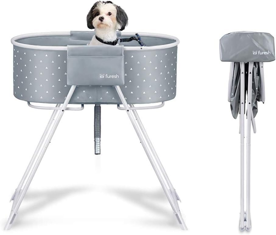 Furesh Little Dipper Dog Bath Tub and Wash Station for Bathing Shower and Grooming, Elevated Foldable and Portable, Indoor and Outdoor, for Small and Medium Size Dogs, Cats and Other Pet (Gray)