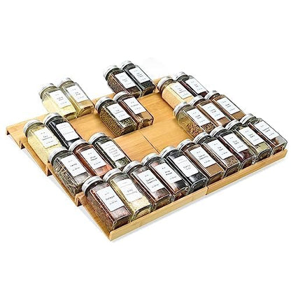 Spice Drawer Organizer with 24 Spice Jars and 216 Labels,Non-slip Rubber, Bamboo 4 Tier Spice Racks Tray Seasoning Containers for Kitchen Drawers,Cabinets,Countertops,13" Wide * 15.8" Deep